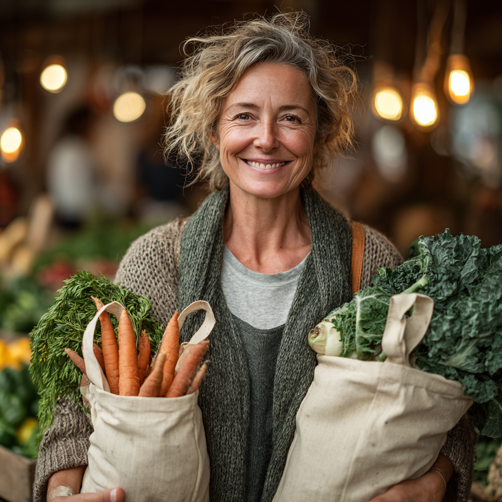Mature woman in her late forties holding reusable shopping bags full of fresh vegetables and fruits at farmers market, looking satisfied and environmentally conscious